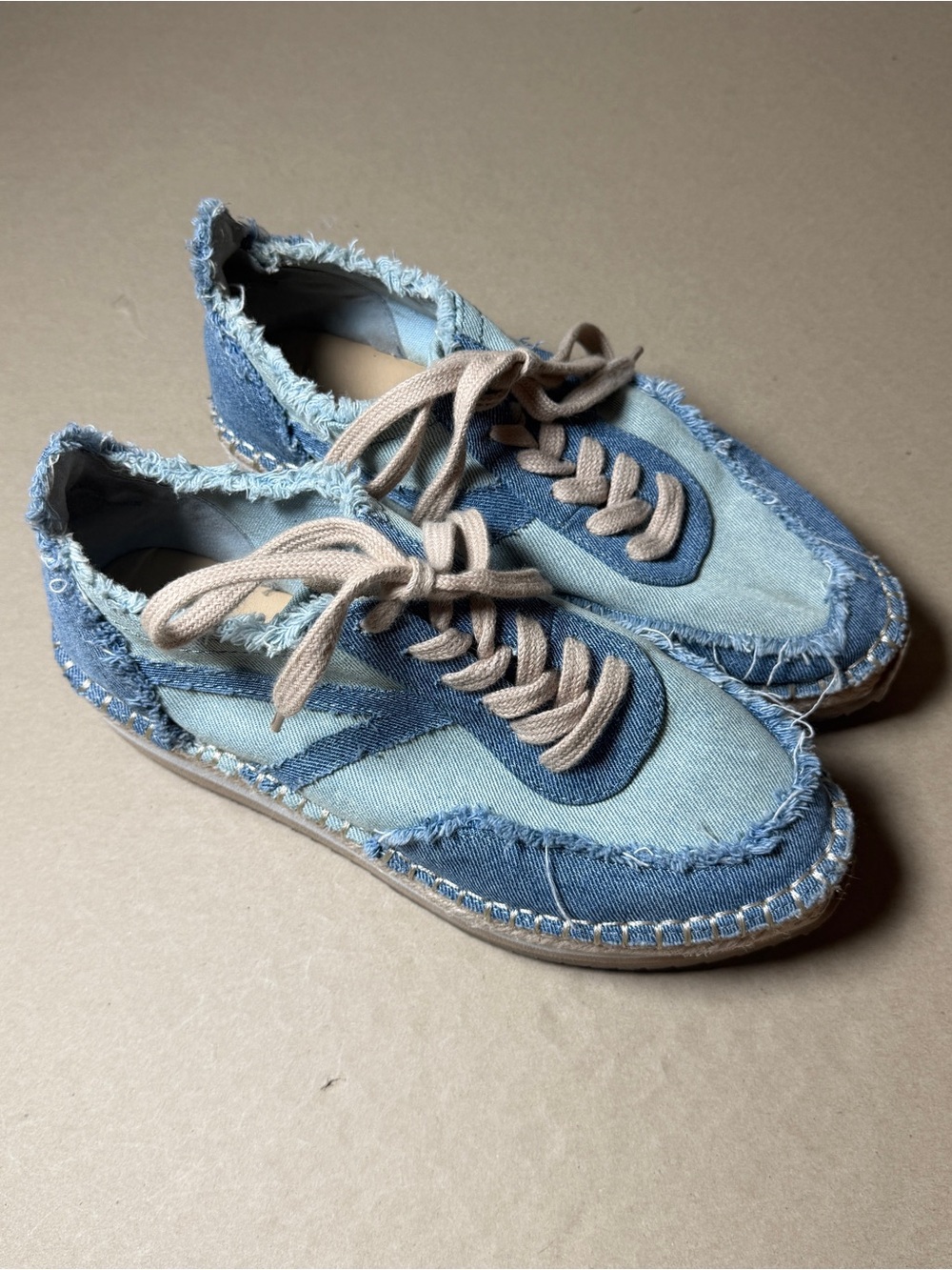 just fab spencer sneaker denim blue  frayed lace up womens size 7